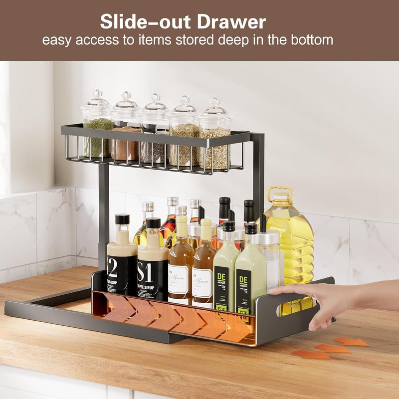 VUSIGN Under Kitchen Sink Organizer, 2 Tier Metal Slide out Sink Shelf Pull out Cabinet Organizer Drawers for Bathroom Kitchen Laundry, 2 Pack, Black - Image 4